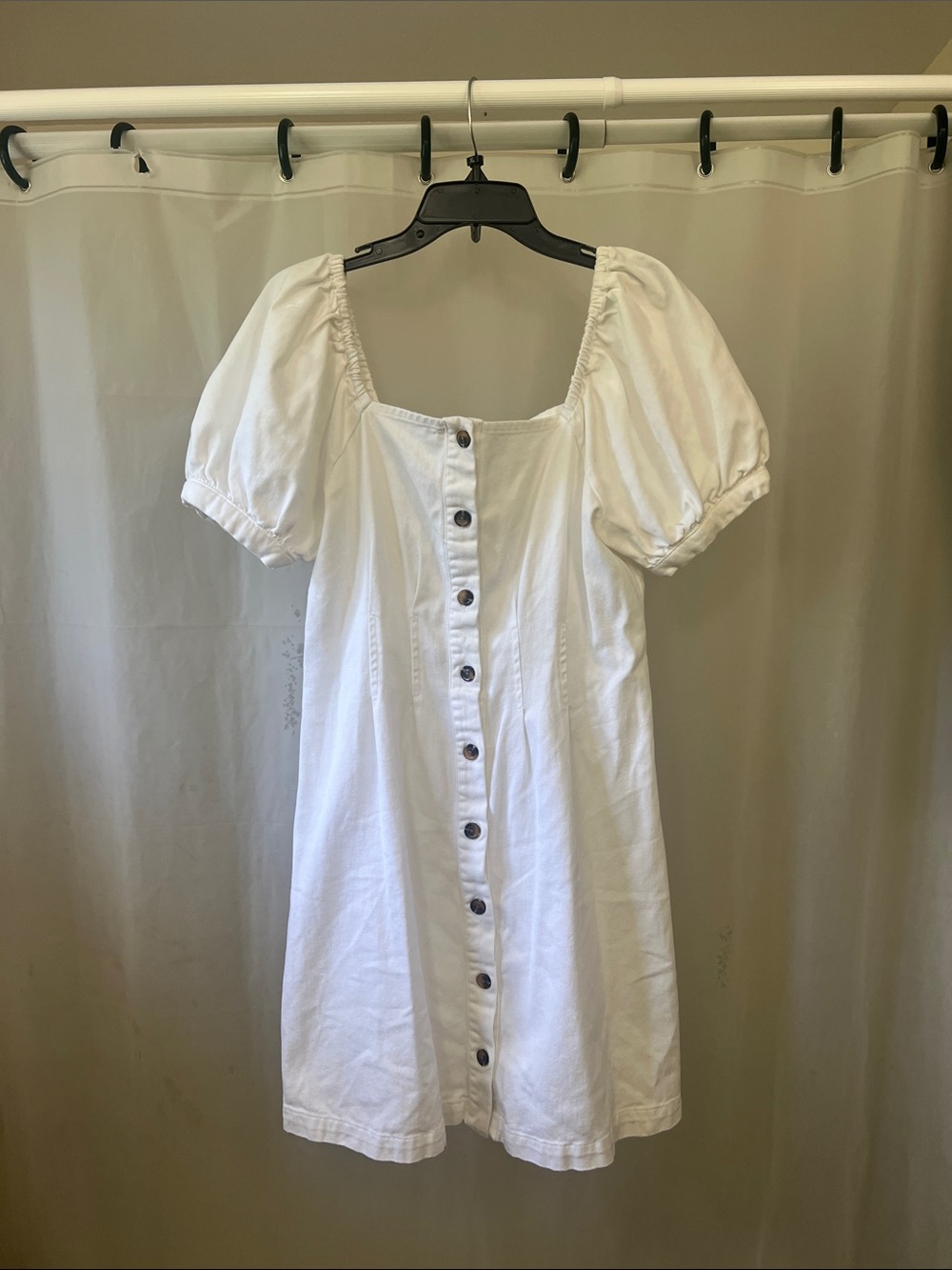 White Button-Front Puff Sleeve Dress